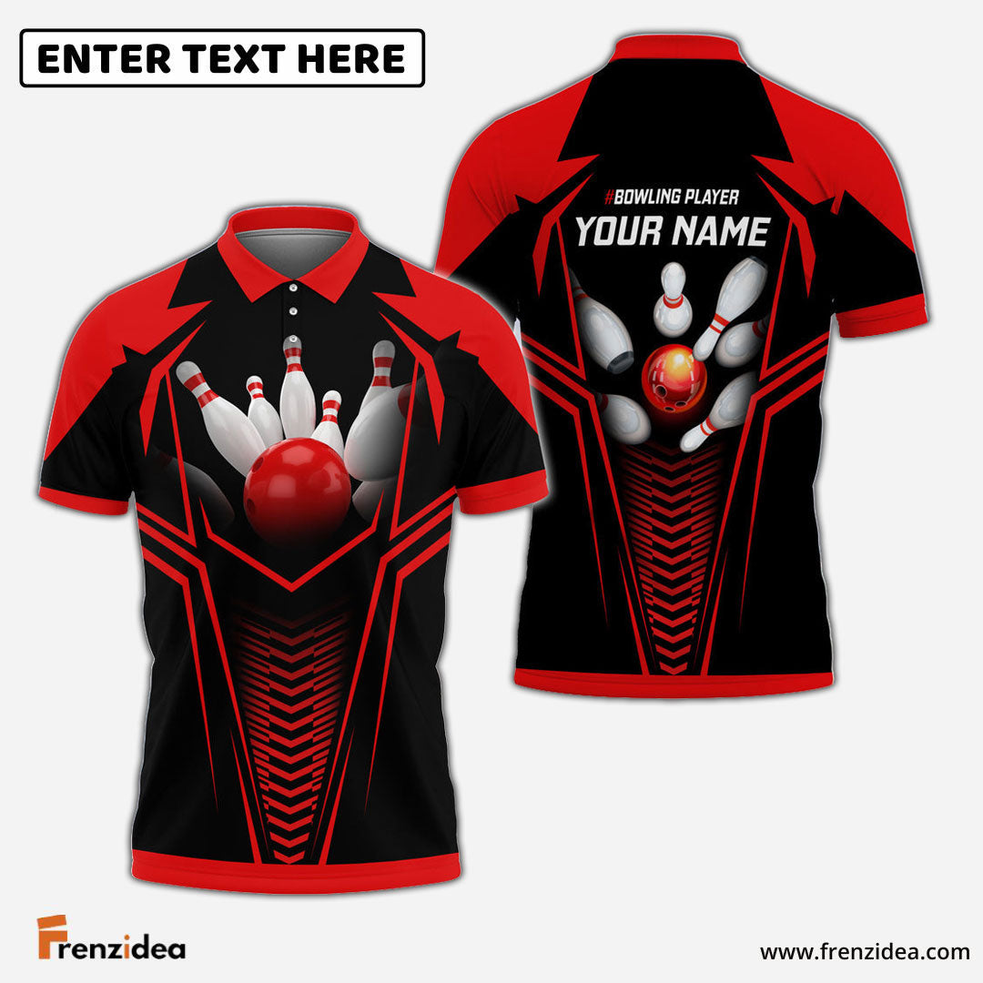 Frenzidea Red Bowling Ball Crashing The Pins Personalized Name 3D Shirt