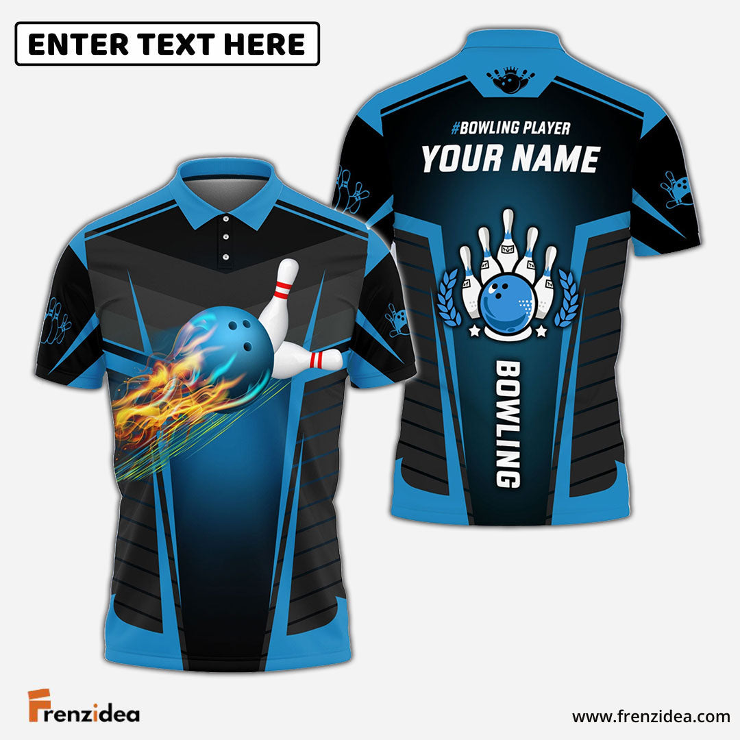 Frenzidea The Blue Bowling Ballin Flames Breaks White Skittles Personalized Name 3D Shirt