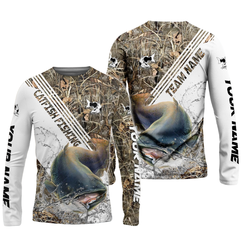 Frenzidea Catfish Fishing White And Grass Camo Sport Custom Name & Team Name 3D Shirts