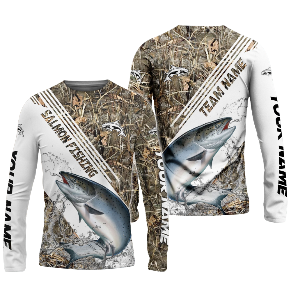 Frenzidea Salmon Fishing White And Grass Camo Sport Custom Name & Team Name 3D Shirts