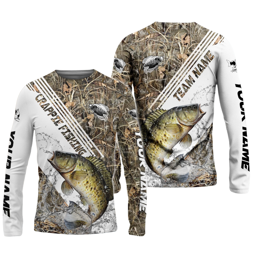 Frenzidea Crappie Fishing White And Grass Camo Sport Custom Name & Team Name 3D Shirts