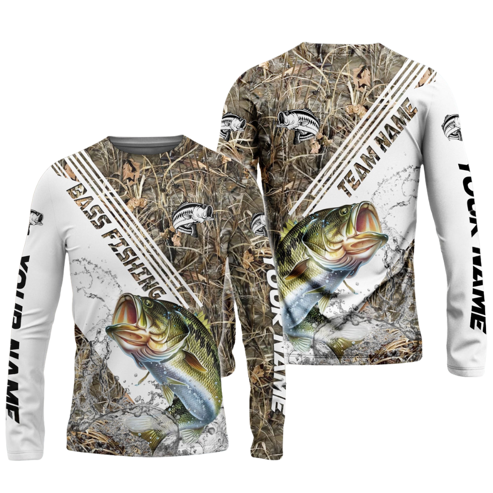 Frenzidea Bass Fishing White And Grass Camo Sport Custom Name & Team Name 3D Shirts
