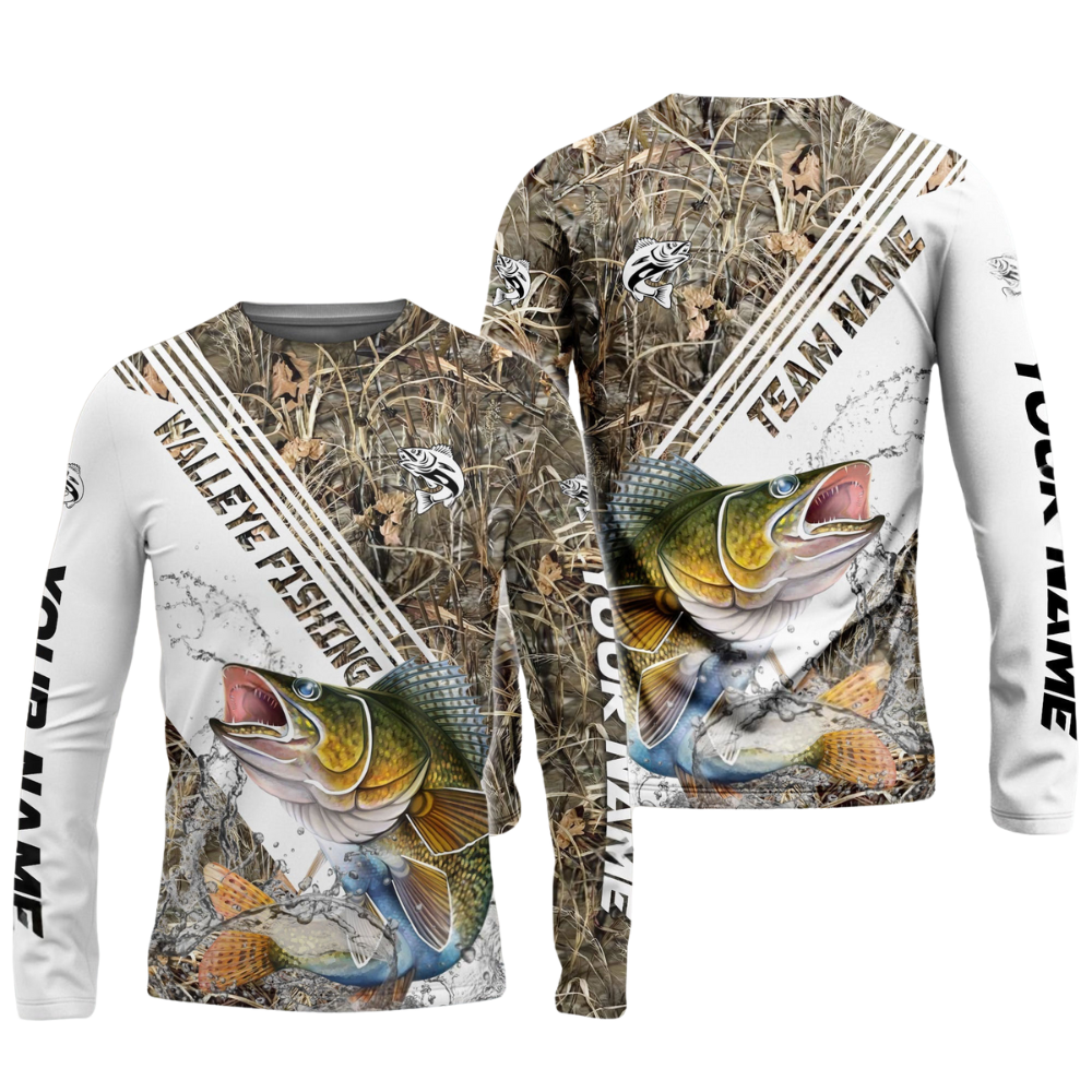 Frenzidea Walleye Fishing White And Grass Camo Sport Custom Name & Team Name 3D Shirts