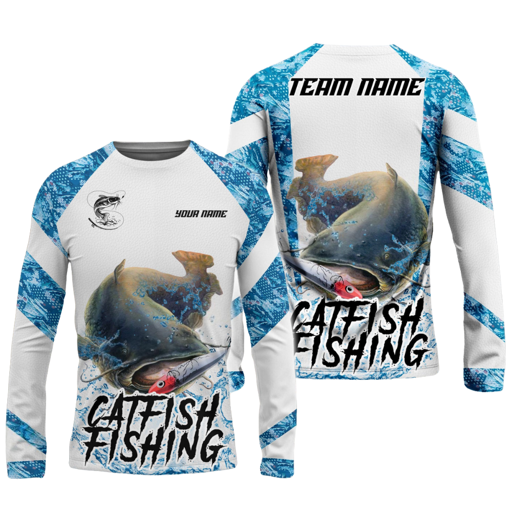 Frenzidea Catfish Fishing Blue Camo White Pattern Sport Custom Name & Team Name 3D Shirts