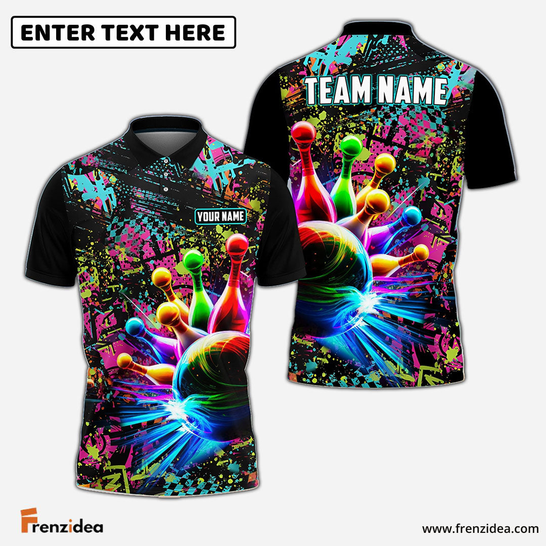 Frenzidea Personalized Name and Team Name Paint Colorful Bowling and Pins 3D Shirt