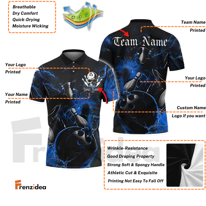 Frenzidea Gear With Skull-Themed Bowling Personalized Name, Team Name 3D Shirt (4 Colors)