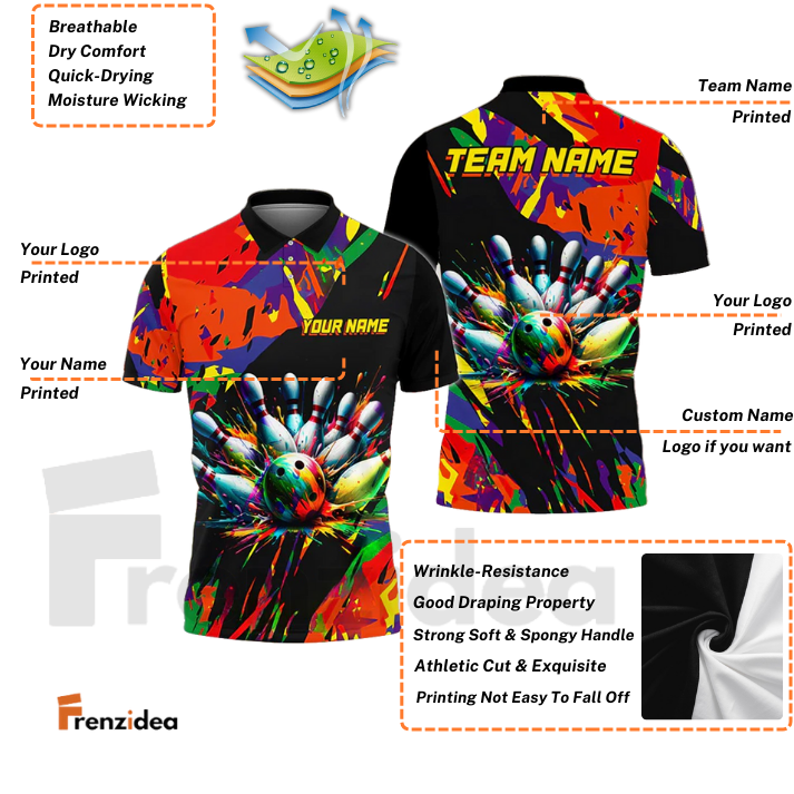 Frenzidea Bowling and Pins Black and Color Ink Customized Name, Team Name 3D Shirt