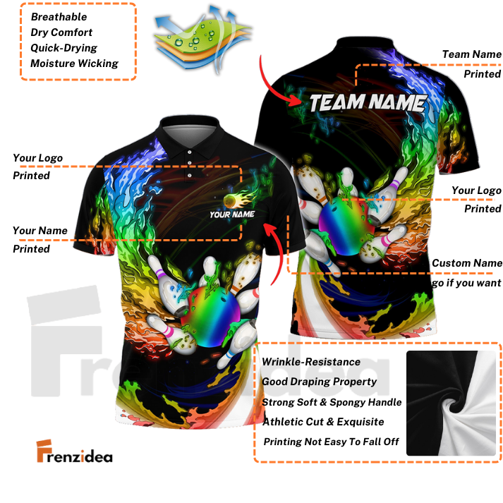 Frenzidea Personalized Name Water Fire Rainbow Bowling And Pins 3D Shirt