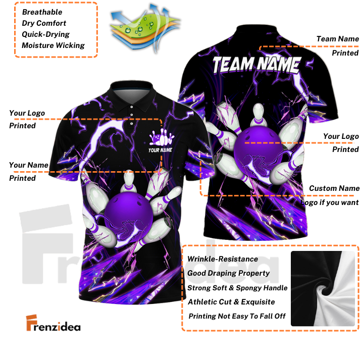 Frenzidea Bowling and Pins Colorful Thunder Power Personalized Name Team Name 3D Shirt (5 Colors)