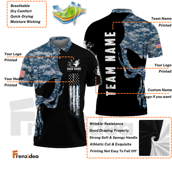 Frenzidea Bowling And Pins Skull Army Flag Custom Multicolor Customized Name 3D Shirt ( 4 Colors )