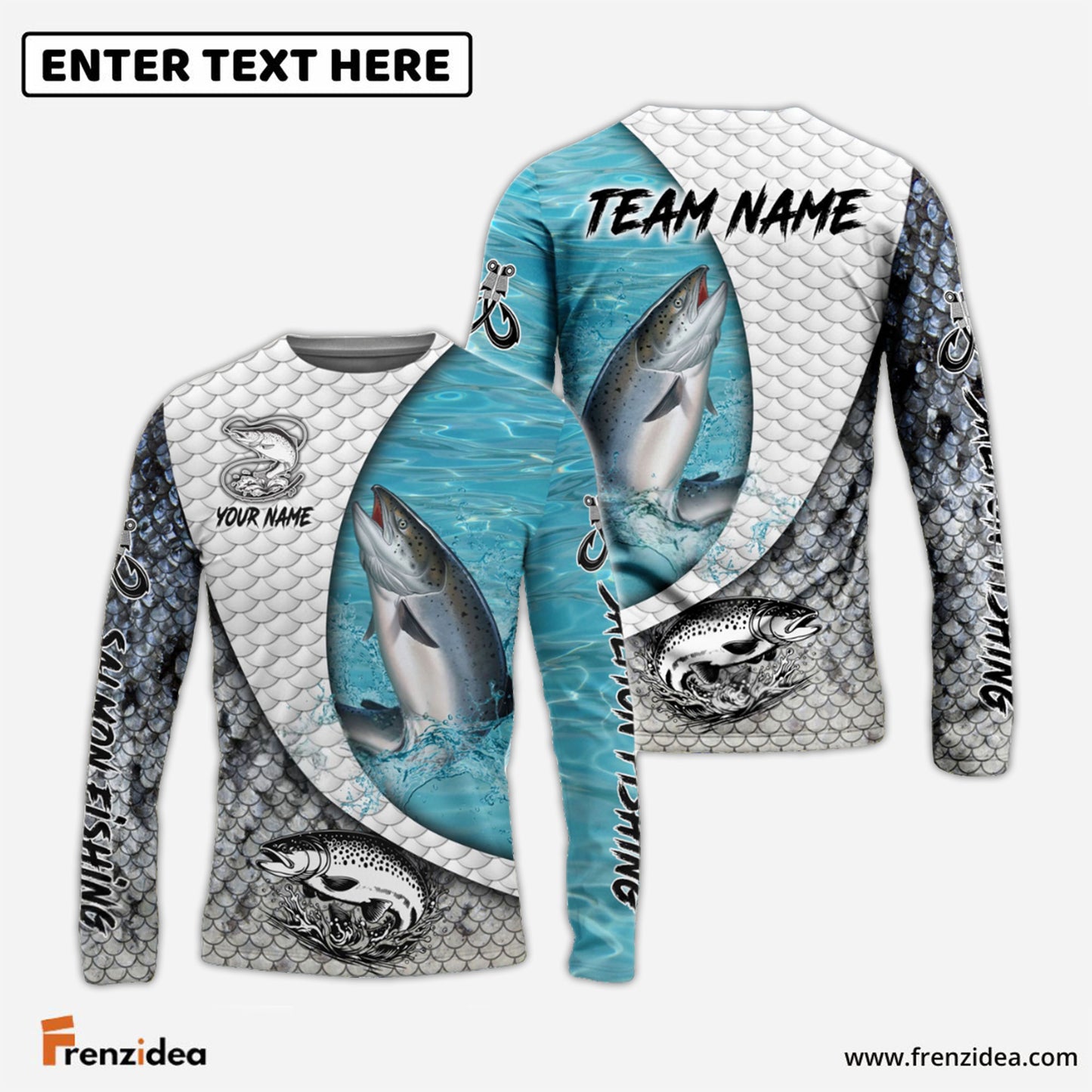 Frenzidea Salmon Fishing White Skin Diagonal Custom Name & Team Name 3D Shirts