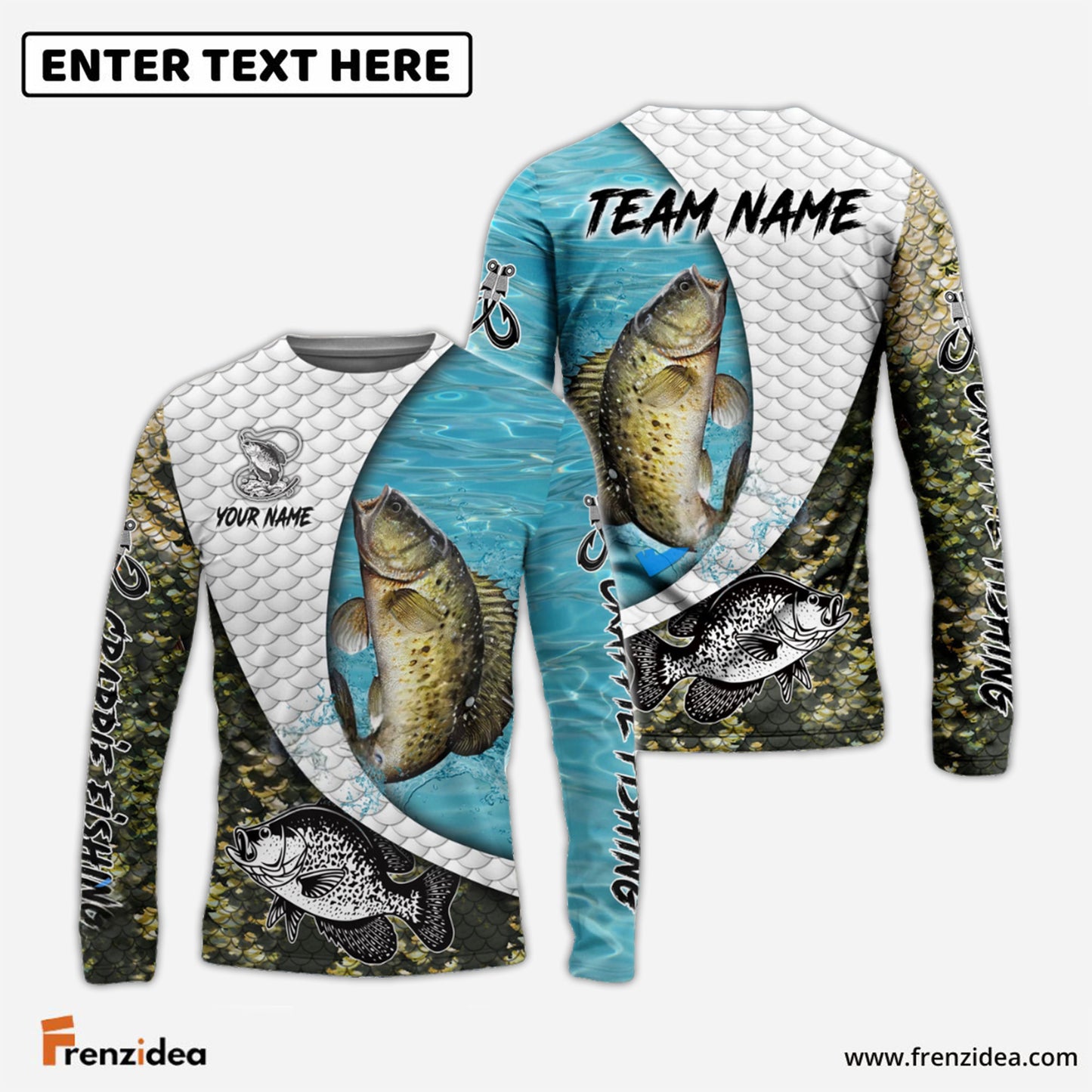 Frenzidea Crappie Fishing White Skin Diagonal Custom Name & Team Name 3D Shirts