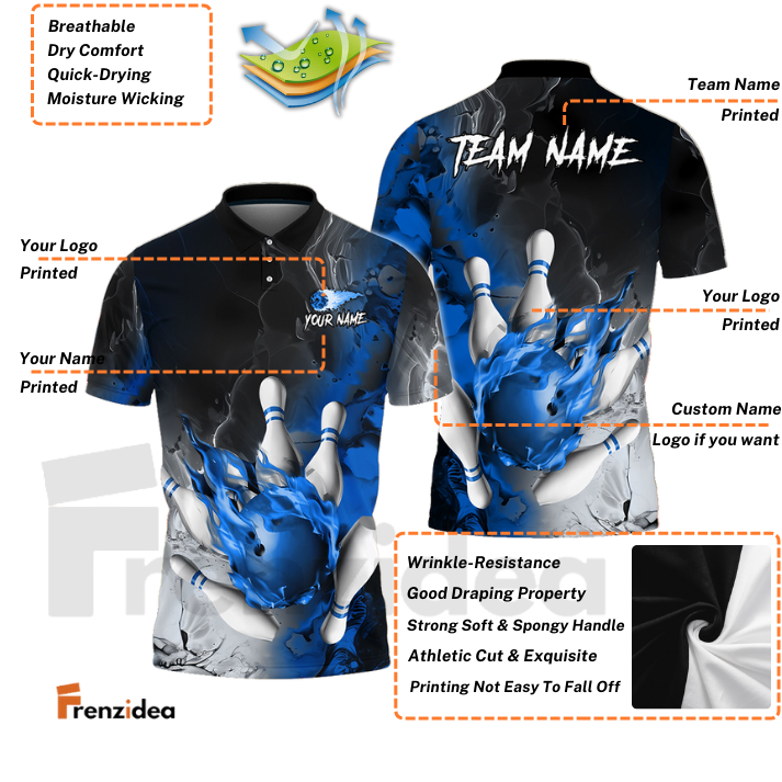 Frenzidea Bowling And Pins Fire Lava Smoke Multicolor Customized Name 3D Shirt ( 4 Colors )