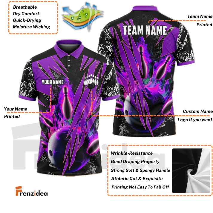 Frenzidea Bowling Fireball Premium Personalized Name, Team Name, Logo Shirt (4 Colors)