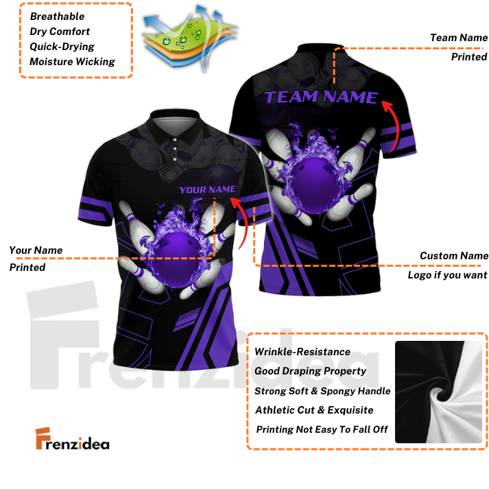 Frenzidea Purple Bowling Ball Flame Personalized Name All Over Printed Shirt