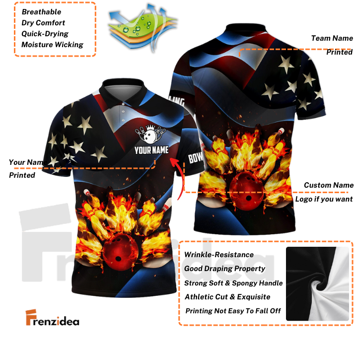Frenzidea Bowling Ball And Pins Flame USA Flag Pattern Customized Name 3D Shirt