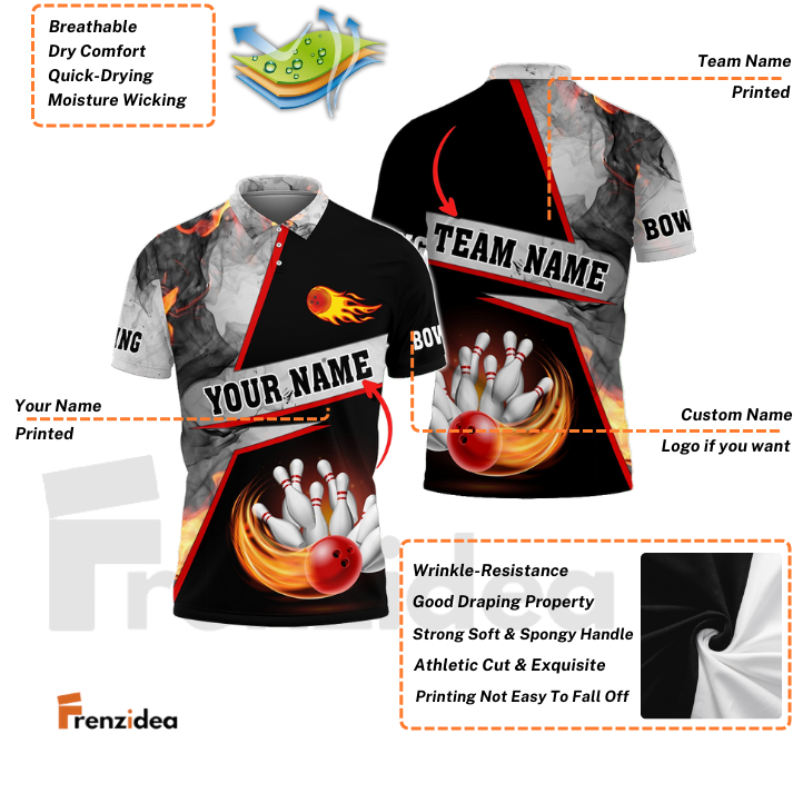 Frenzidea Bowling Flame Grey Smoke Pattern Premium Customized Name 3D Shirt