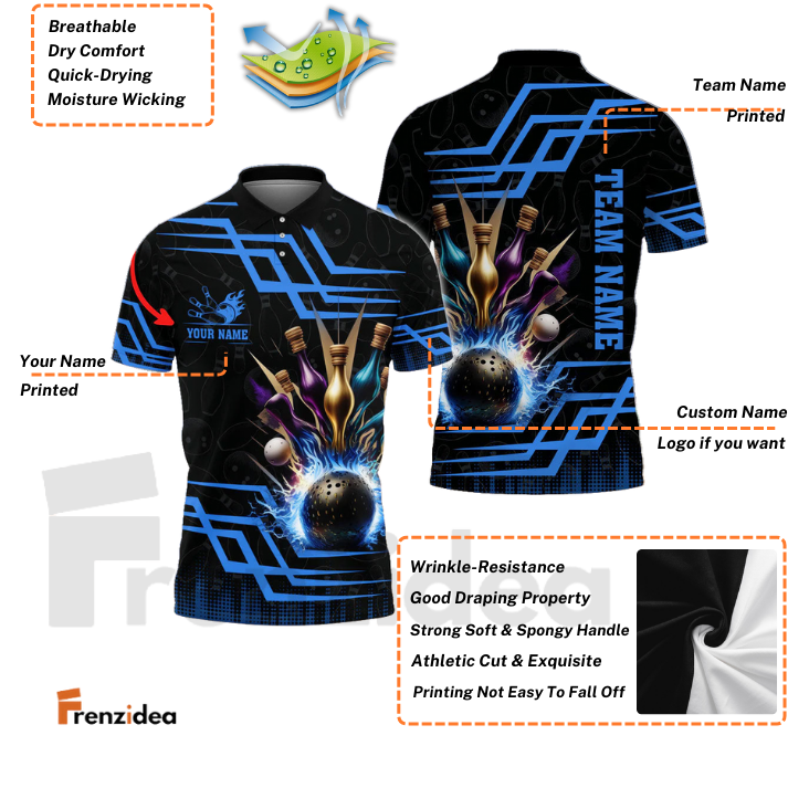 Frenzidea Bowling And Pins Royal Multicolor Option Customized Name 3D Shirt (6 Colors)