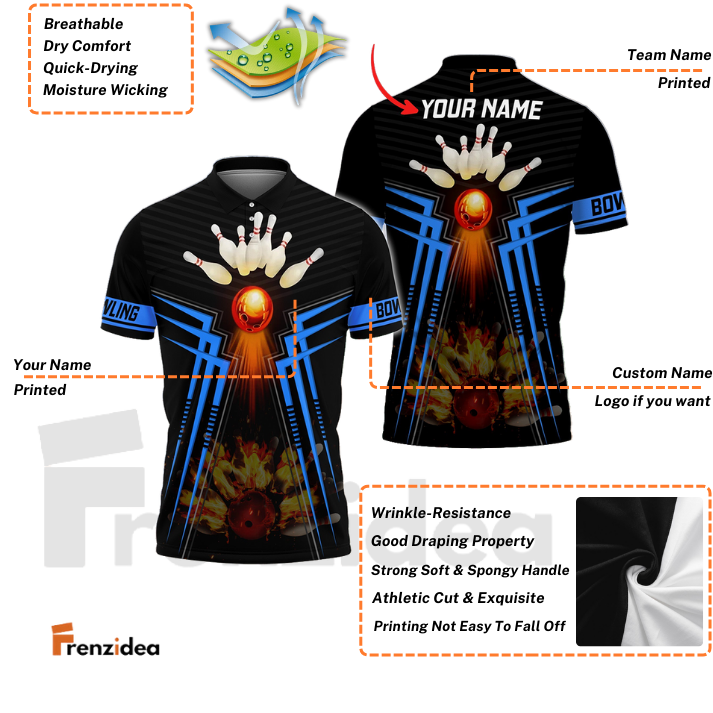Frenzidea Blue Bowling Ball And Pins Flame Premium Customized Name 3D Shirt