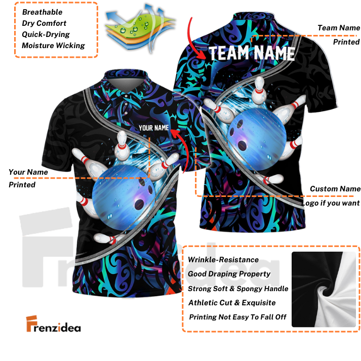 Frenzidea Tattoo Color Bowling and Pins Personalized Name, Team Name 3D Shirt