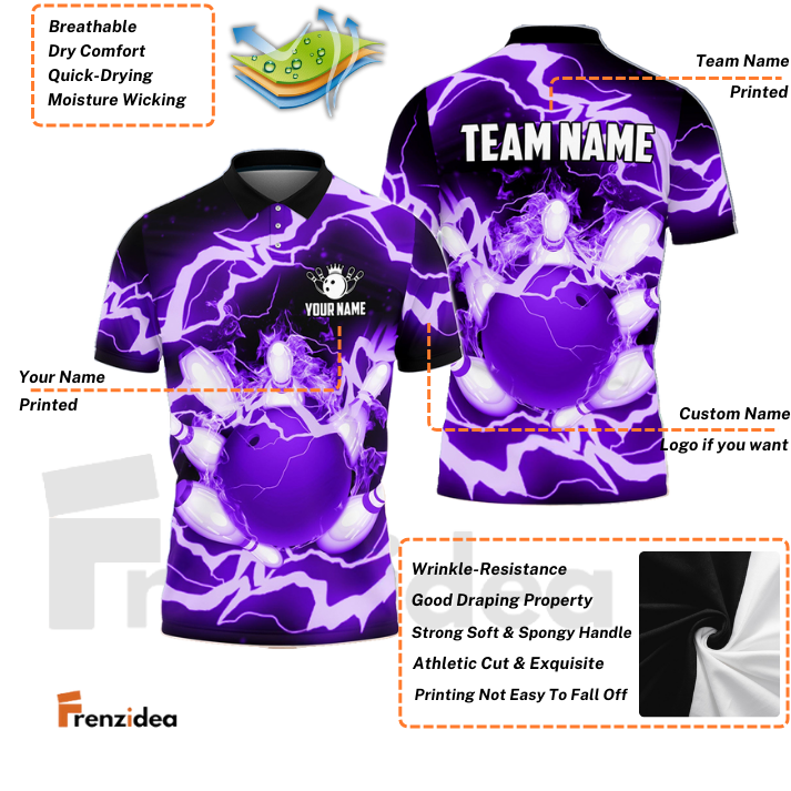 Frenzidea Power of Thunder Bowling Ball Break Pins Personalized Name and Team Name 3D Shirt (4 Colors)