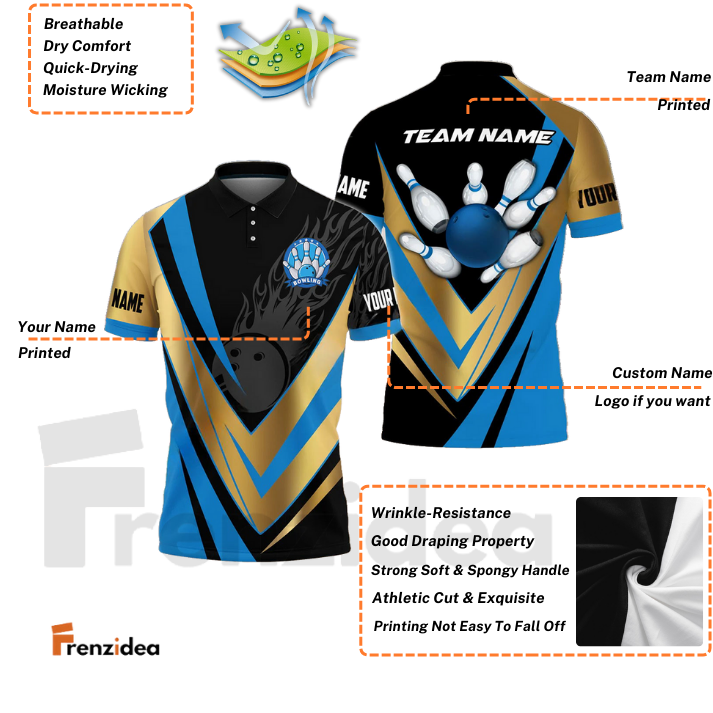 Frenzidea Bowling And Pins Love And Gold Multicolor Customized Name 3D Shirt ( 4 Colors )