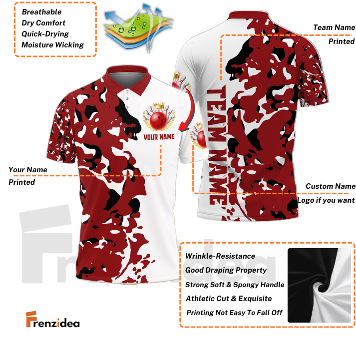Frenzidea Bowling And Pins Red Camo Personalized Name Team Name 3D Shirt