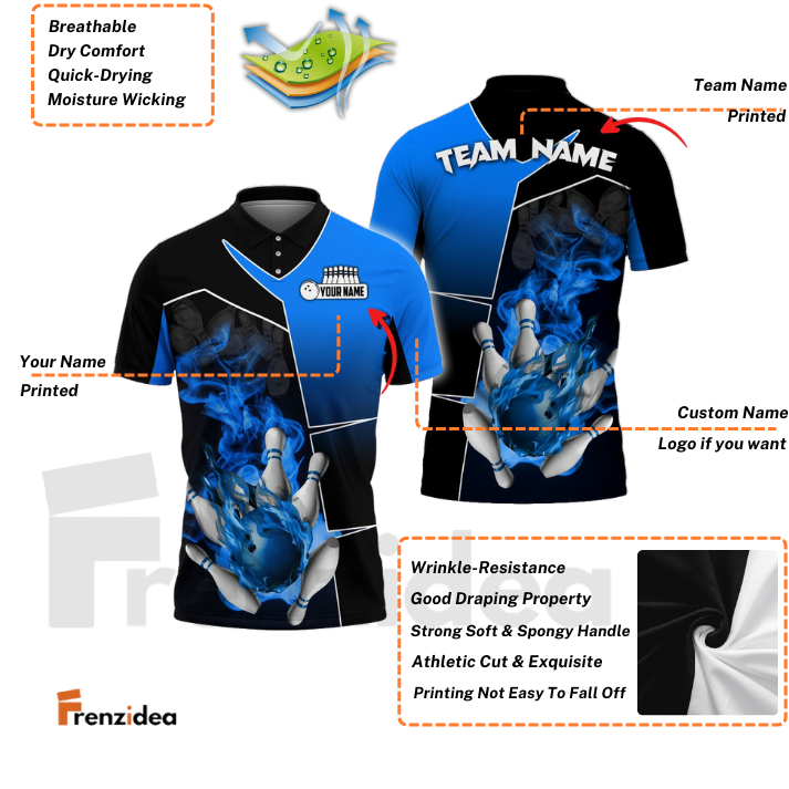 Frenzidea Bowling And Pins Smoky Fire Sport Customized Name 3D Shirt (4 Colors)