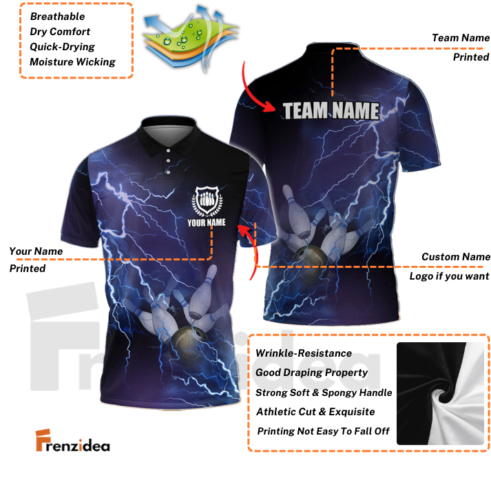 Frenzidea Bowling And Pins Thunder Multicolor Customized Name, Team Name 3D Shirt