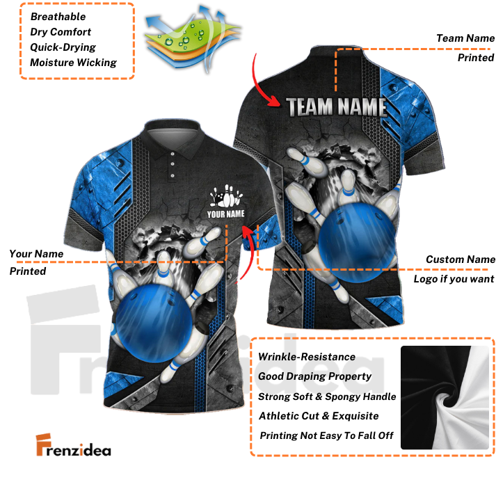 Frenzidea Bowling Ball And Pins Crack Metalic Multicolor Personalized Name 3D Shirt