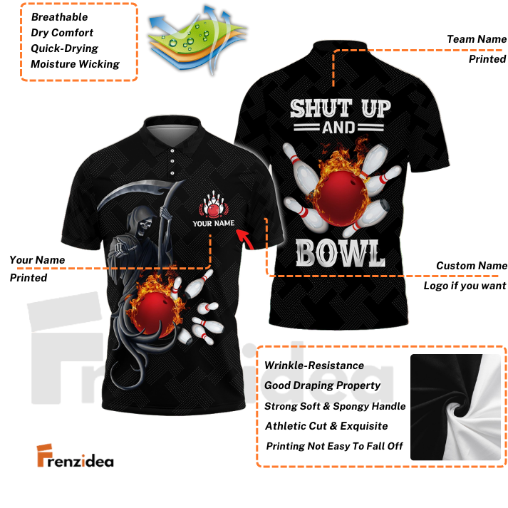 Frenzidea Bowling And Pins Flame Black Skull Pattern Premium Customized Name 3D Shirt