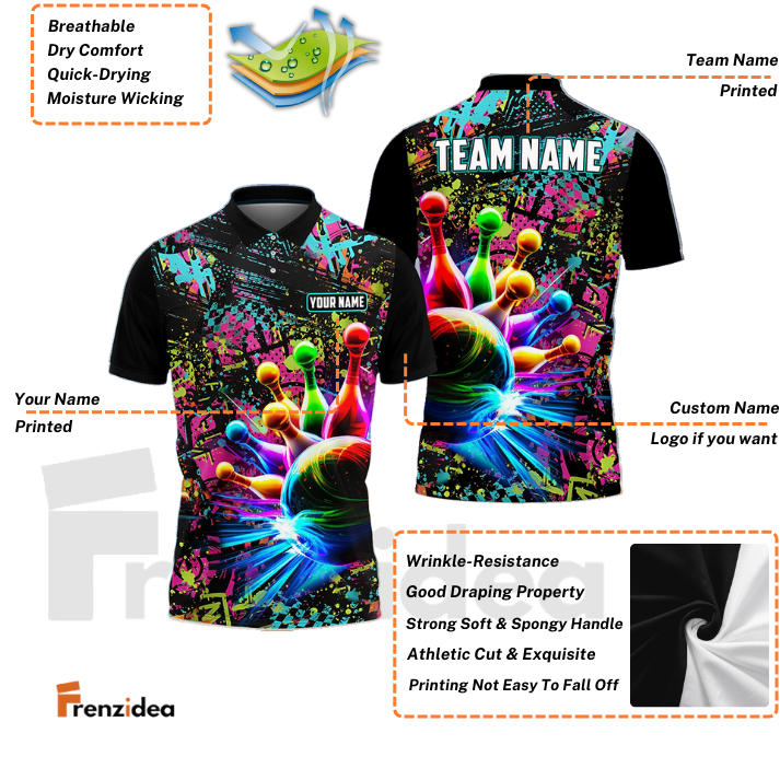 Frenzidea Personalized Name and Team Name Paint Colorful Bowling and Pins 3D Shirt