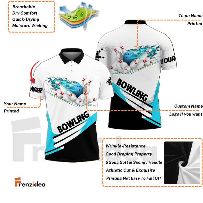 Frenzidea Cyan And White Bowling Ball Flame Customized Name 3D Shirt