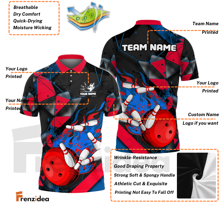 Frenzidea Bowling And Pins Colorful Flame Throw Customized Name 3D Shirt (4 Colors)