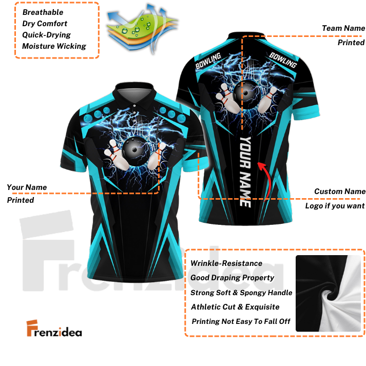 Frenzidea Cyan Bowling Ball Crashing The Pins Thunder Pattern Customized Name All Over Printed Shirt