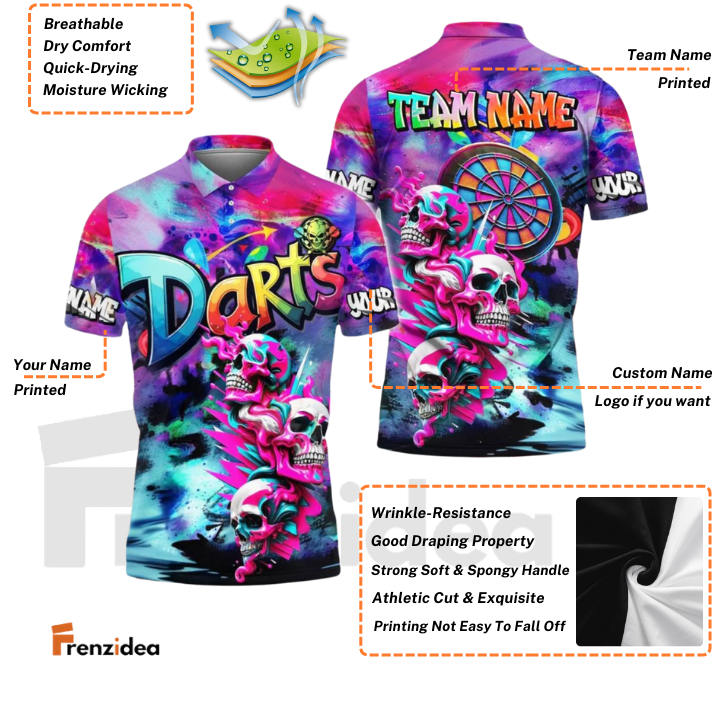 Frenzidea Darts Skull Neon Graffiti Personalized Name, Team Name Shirt