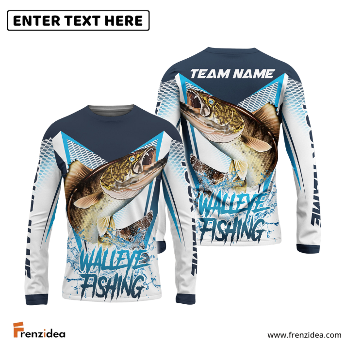Frenzidea Walleye Fishing White Blue Camo Sport Custom Name & Team Name 3D Shirts