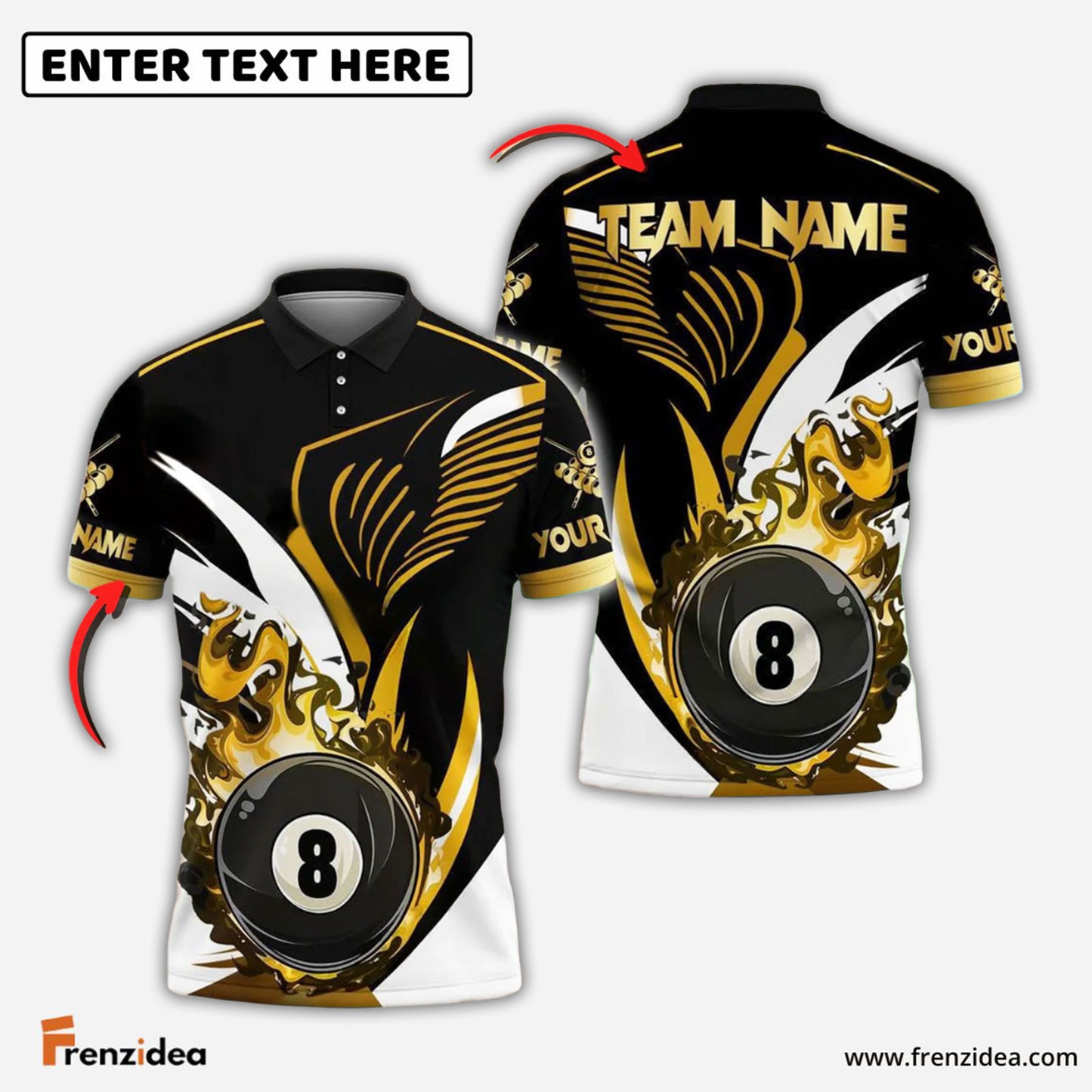 Frenzidea Billiards Ball 8 Pool Golden Flame Personalized Name & Team Name Shirt (4 Colors)