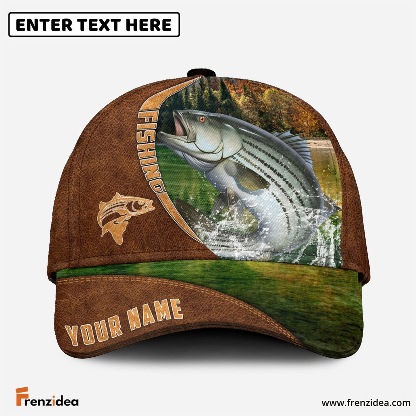 Frenzidea Personalized Fishing Brown Cap (Bass, Striped Bass, Catfish, Trout, Crappie, Salmon, Walleye, Pike)