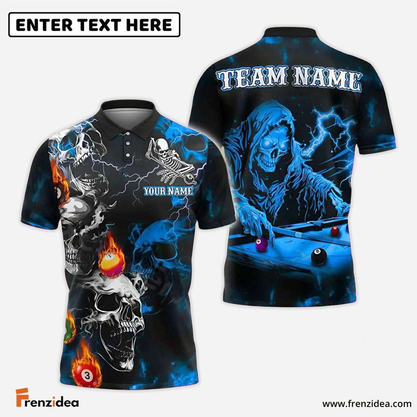 Frenzidea Billiards Grim Reaper Skull Storm Personalized Name Shirt (4 Colors)