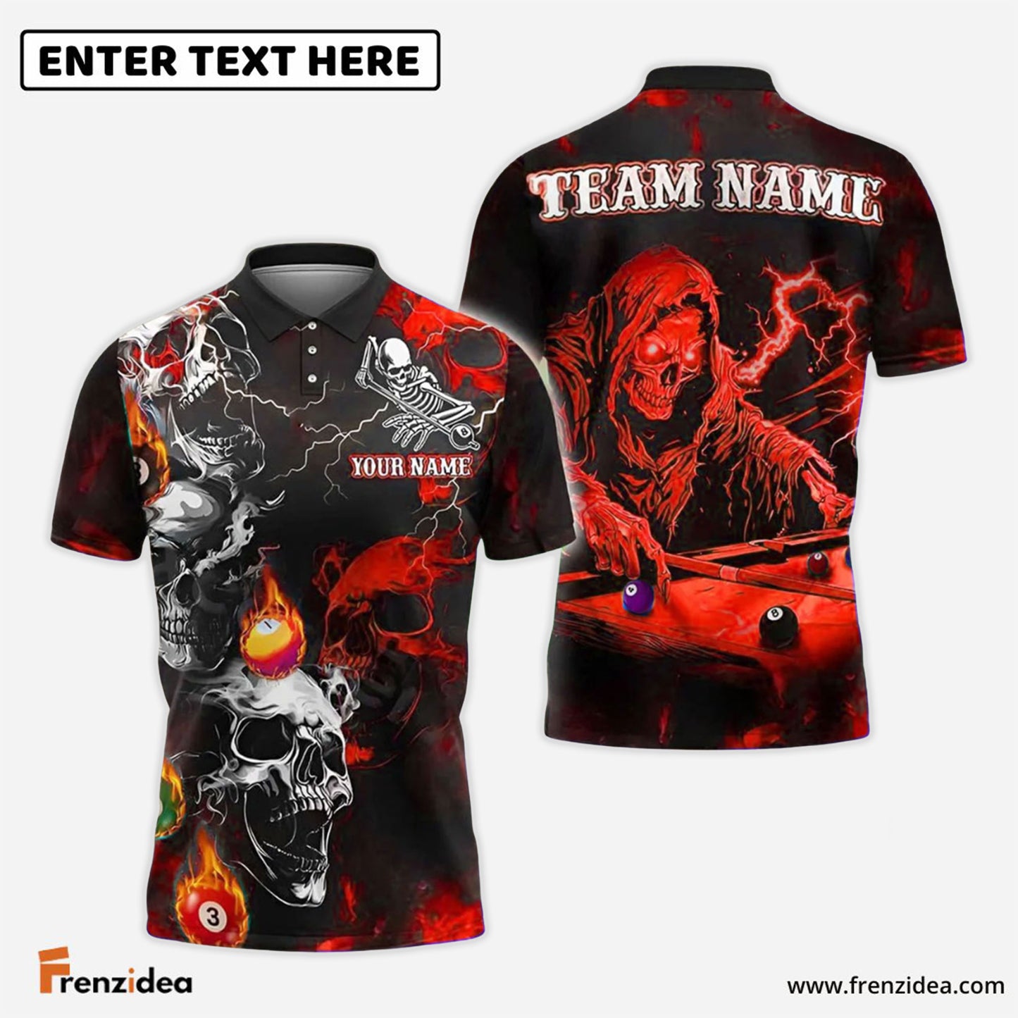 Frenzidea Billiards Grim Reaper Skull Storm Personalized Name Shirt (4 Colors)