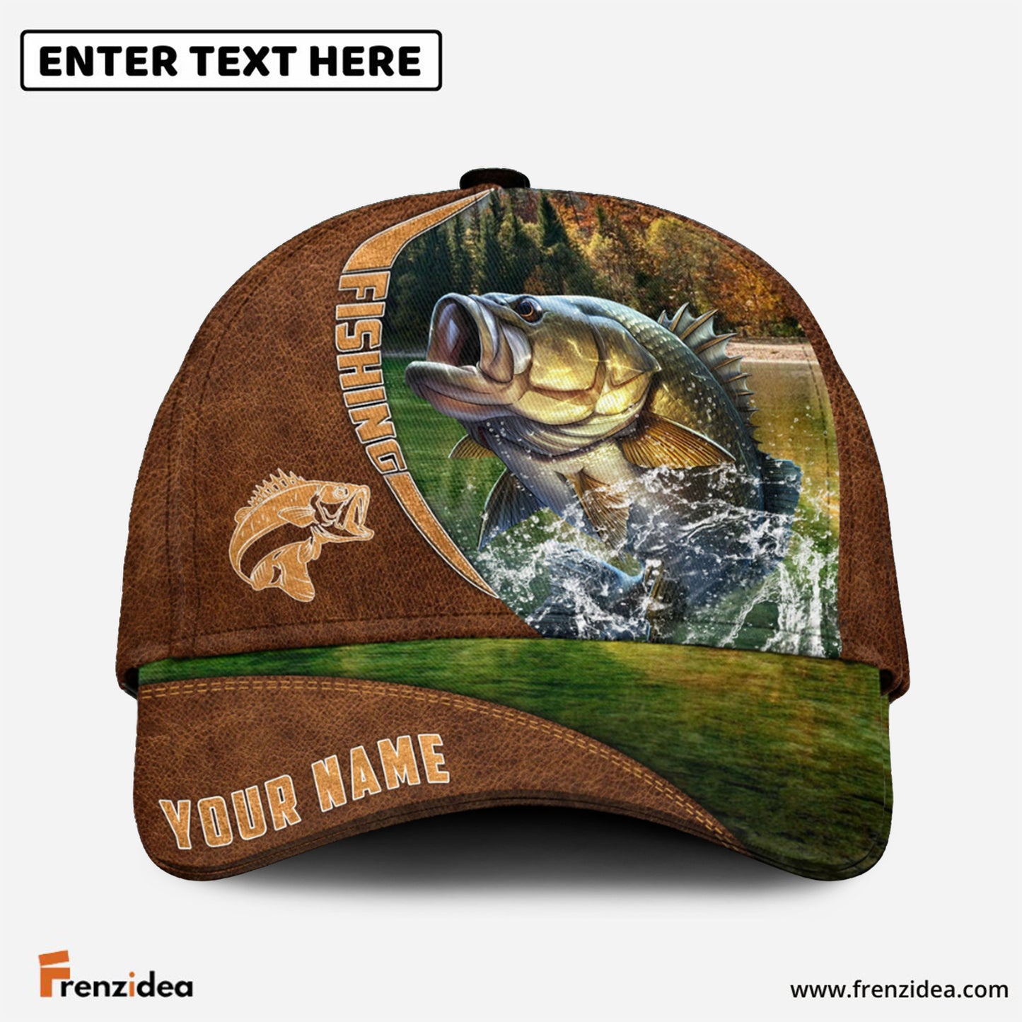 Frenzidea Personalized Fishing Brown Cap (Bass, Striped Bass, Catfish, Trout, Crappie, Salmon, Walleye, Pike)