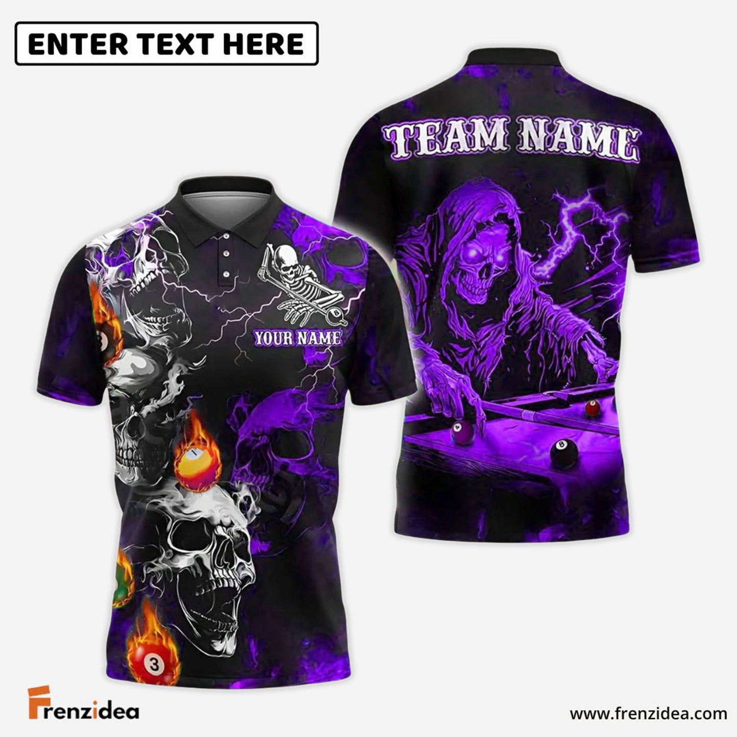 Frenzidea Billiards Grim Reaper Skull Storm Personalized Name Shirt (4 Colors)