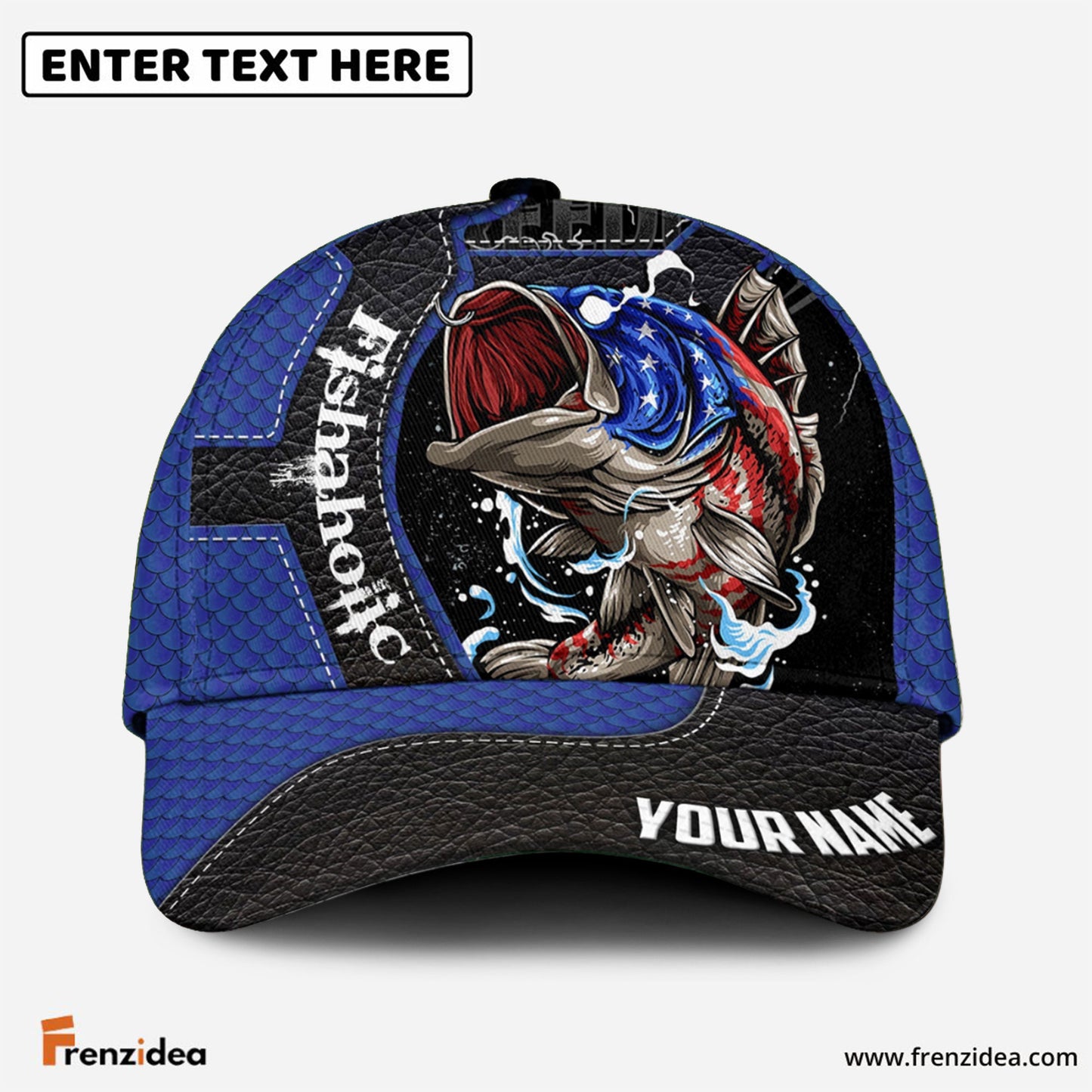 Frenzidea Fishaholic USA Flag Personalized Blue Fishing Cap