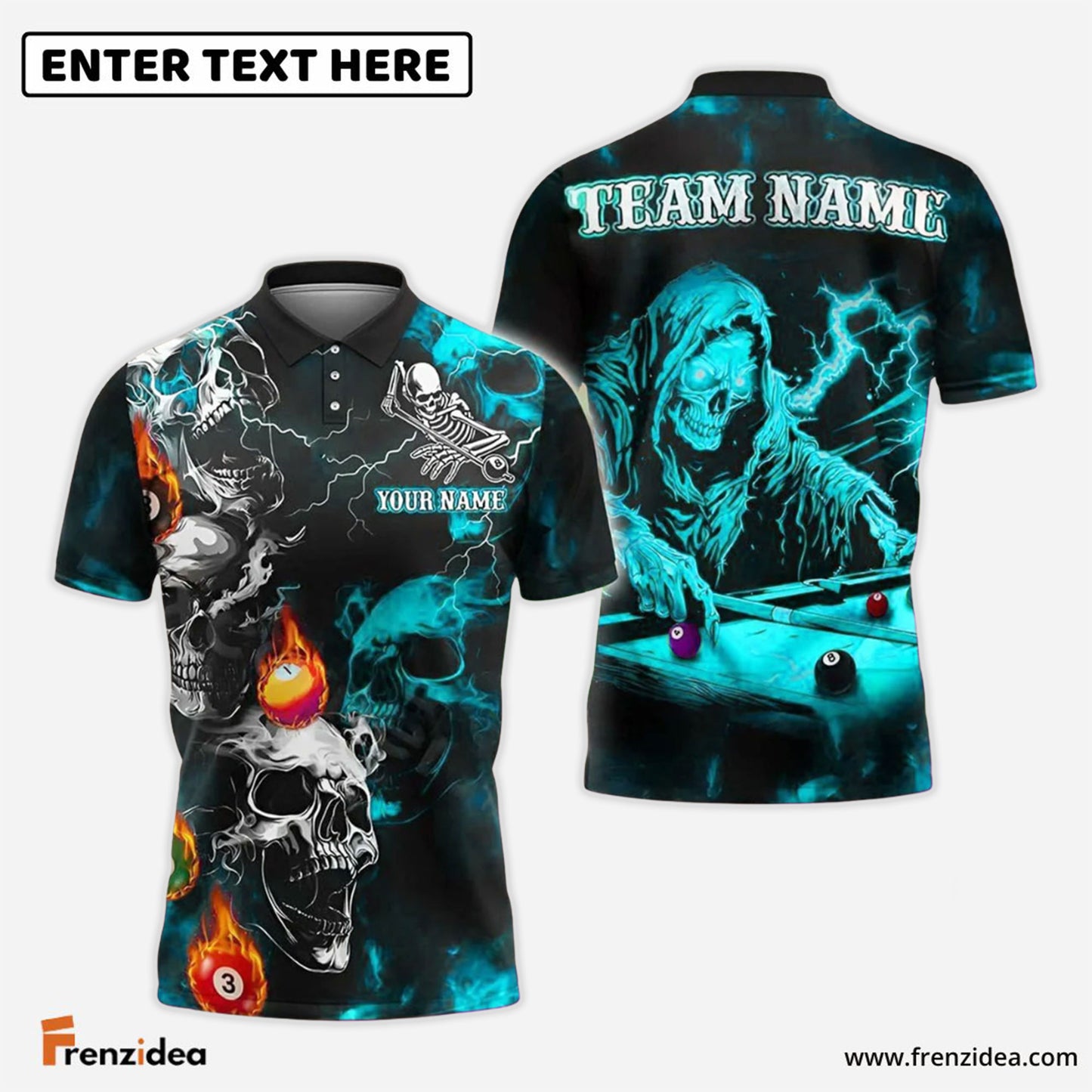 Frenzidea Billiards Grim Reaper Skull Storm Personalized Name Shirt (4 Colors)