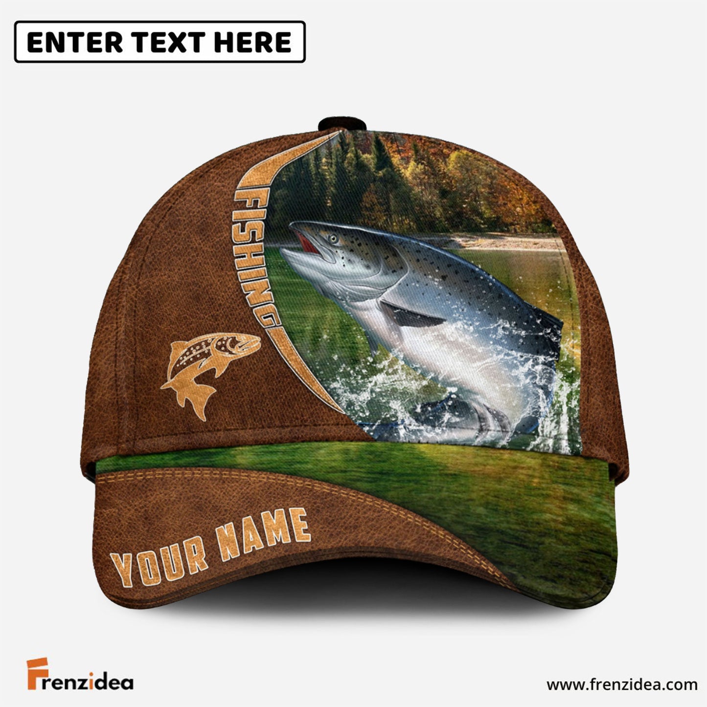 Frenzidea Personalized Fishing Brown Cap (Bass, Striped Bass, Catfish, Trout, Crappie, Salmon, Walleye, Pike)
