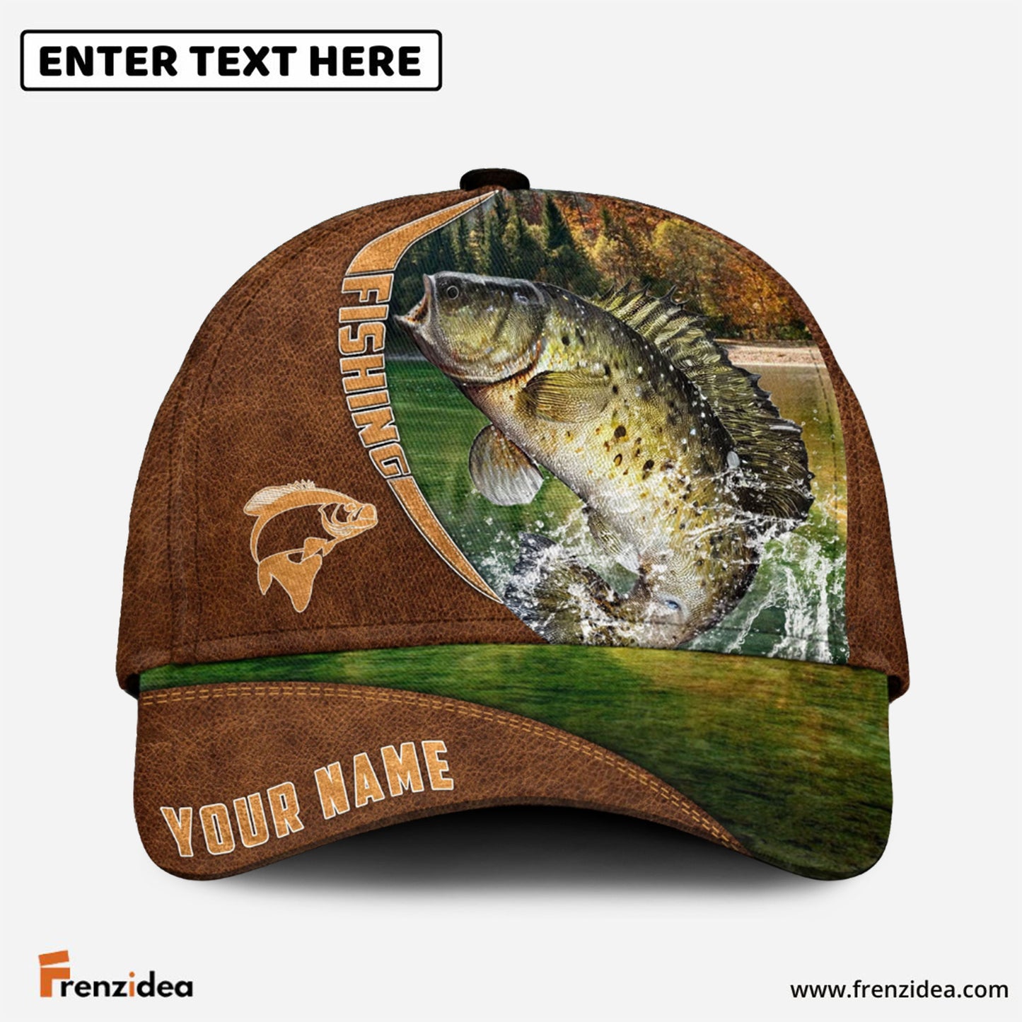 Frenzidea Personalized Fishing Brown Cap (Bass, Striped Bass, Catfish, Trout, Crappie, Salmon, Walleye, Pike)