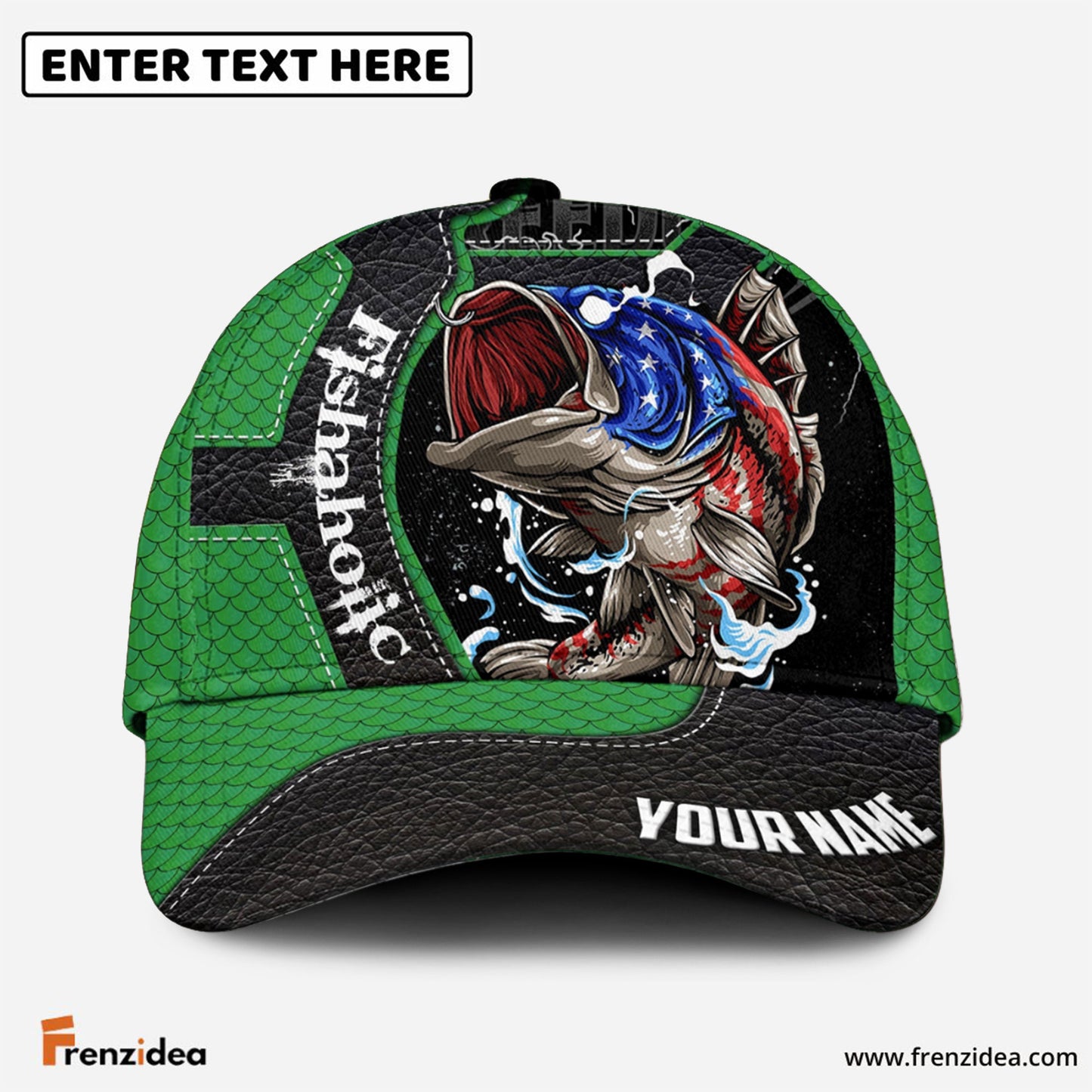 Frenzidea Fishaholic USA Flag Personalized Green Fishing Cap