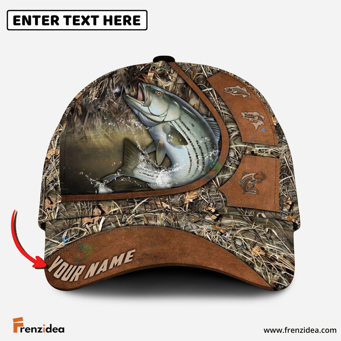 Frenzidea Personalized Striped Bass Fishing Nature Leather Pattern Classic Cap