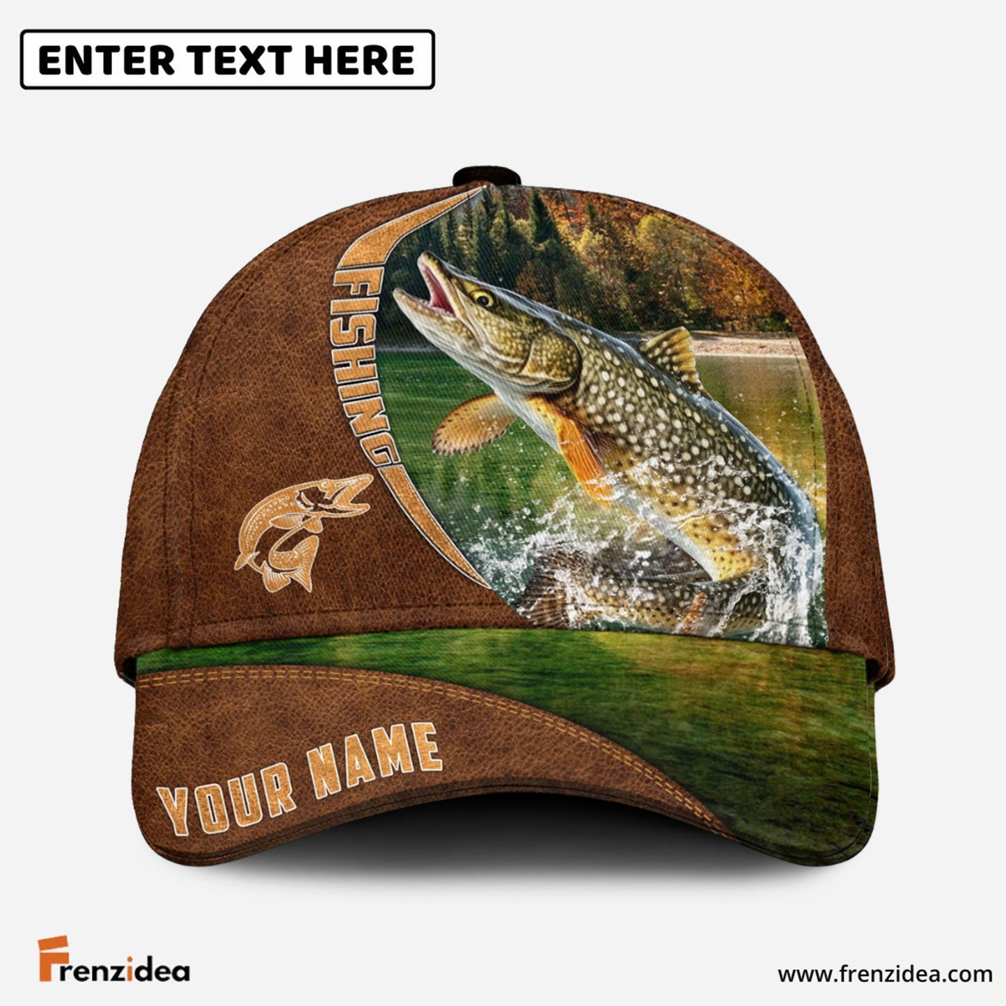 Frenzidea Personalized Fishing Brown Cap (Bass, Striped Bass, Catfish, Trout, Crappie, Salmon, Walleye, Pike)